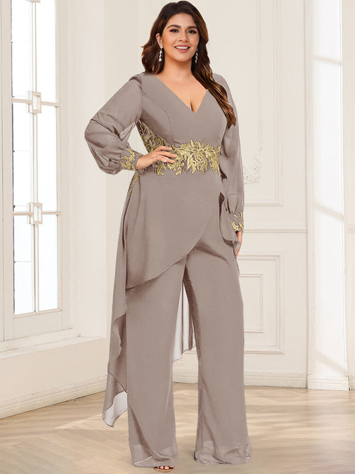 Chiffon V-Neck Long Sleeves Mother of the Bride Pantsuits with Overskirt Appliques Lace