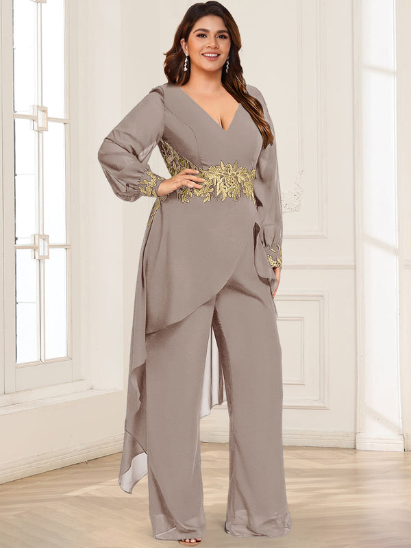 Chiffon V-Neck Long Sleeves Mother of the Bride Pantsuits with Overskirt Appliques Lace