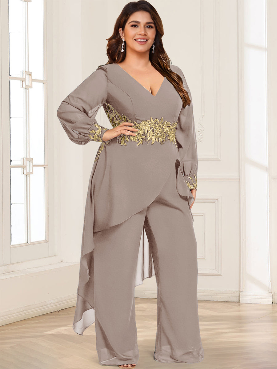Chiffon V-Neck Long Sleeves Mother of the Bride Pantsuits with Overskirt Appliques Lace