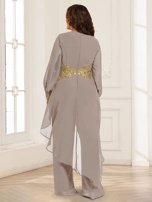 Chiffon V-Neck Long Sleeves Mother of the Bride Pantsuits with Overskirt Appliques Lace