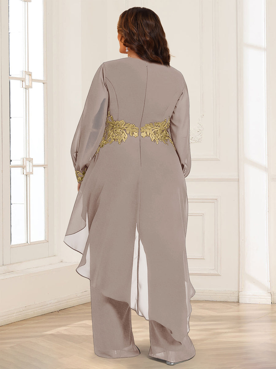 Chiffon V-Neck Long Sleeves Mother of the Bride Pantsuits with Overskirt Appliques Lace