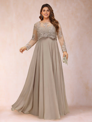 Chiffon A-Line/Princess Illusion Crew Neck Long Sleeves Plus Size Mother of the Bride Dresses With Sequins & Appliques