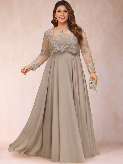 Chiffon A-Line/Princess Illusion Crew Neck Long Sleeves Plus Size Mother of the Bride Dresses With Sequins & Appliques