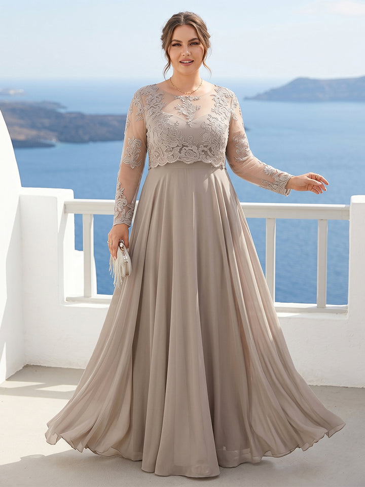 Chiffon A-Line/Princess Illusion Crew Neck Long Sleeves Plus Size Mother of the Bride Dresses With Sequins &amp; Appliques