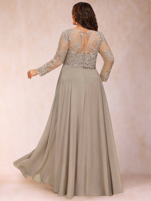 Chiffon A-Line/Princess Illusion Crew Neck Long Sleeves Plus Size Mother of the Bride Dresses With Sequins & Appliques
