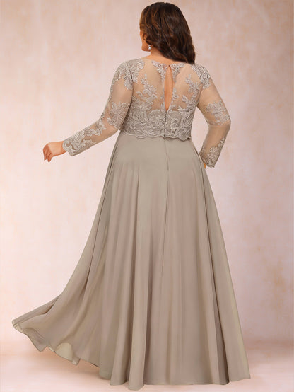 Chiffon A-Line/Princess Illusion Crew Neck Long Sleeves Plus Size Mother of the Bride Dresses With Sequins & Appliques