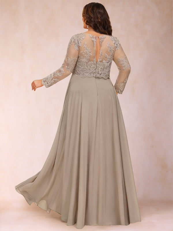Chiffon A-Line/Princess Illusion Crew Neck Long Sleeves Plus Size Mother of the Bride Dresses With Sequins & Appliques
