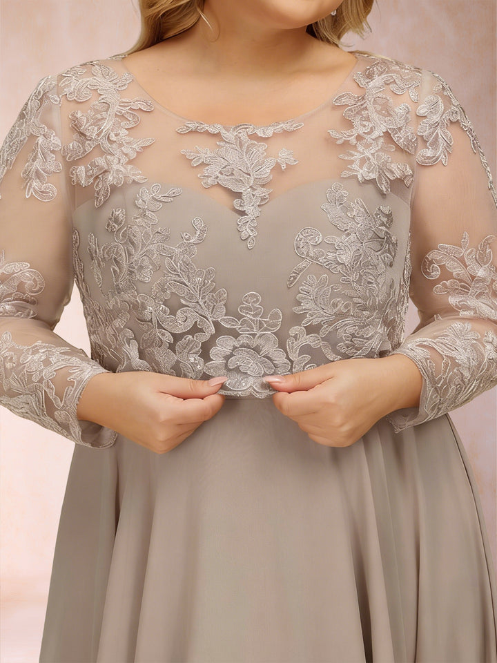 Chiffon A-Line/Princess Illusion Crew Neck Long Sleeves Plus Size Mother of the Bride Dresses With Sequins &amp; Appliques