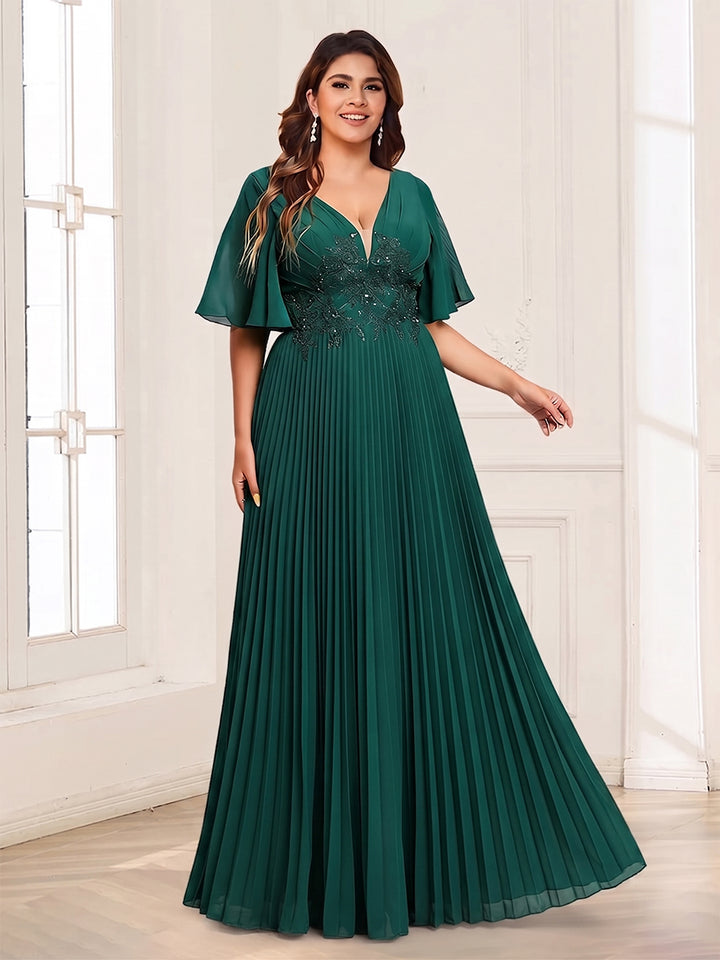Chiffon A-Line/Princess V-Neck Short Sleeves Plus Size Mother of the Bride Dresses With Sequins &amp; Appliques