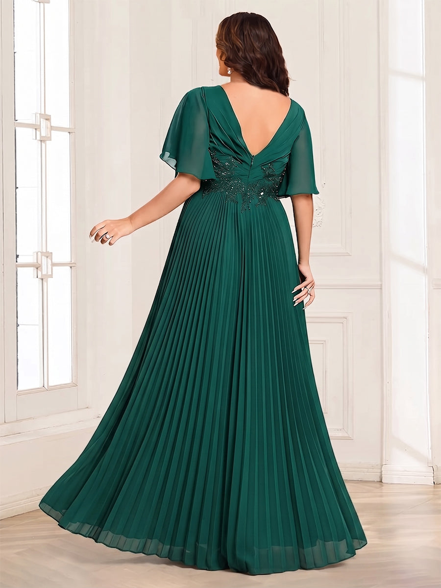Chiffon A-Line/Princess V-Neck Short Sleeves Plus Size Mother of the Bride Dresses With Sequins &amp; Appliques
