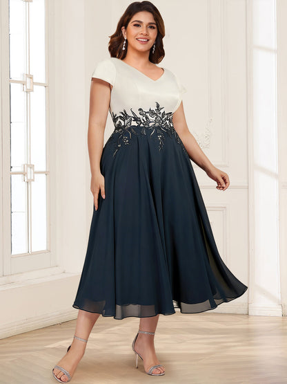 A-Line/Princess V-Neck Tea-Length Plus Size Mother of the Bride Dresses with Appliques