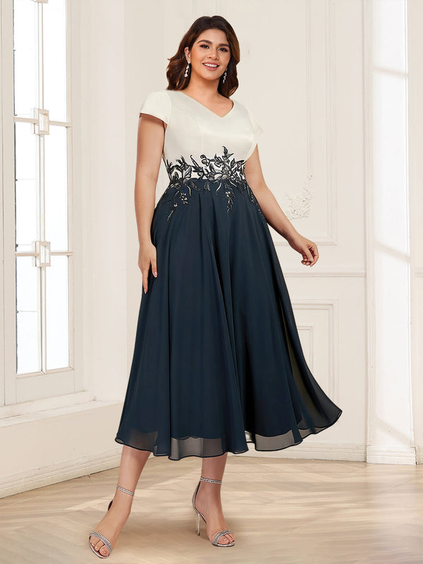 A-Line/Princess V-Neck Tea-Length Plus Size Mother of the Bride Dresses with Appliques