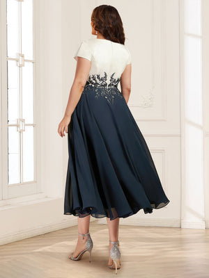 A-Line/Princess V-Neck Tea-Length Plus Size Mother of the Bride Dresses with Appliques