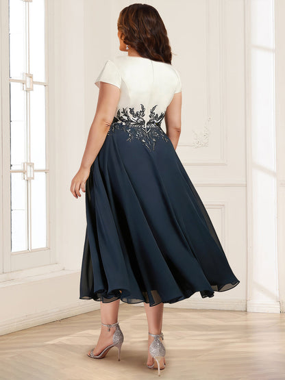 A-Line/Princess V-Neck Tea-Length Plus Size Mother of the Bride Dresses with Appliques
