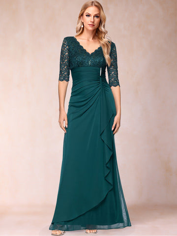 Sheath/Column V-Neck Half Sleeves Mother of the Bride Dresses With Appliques