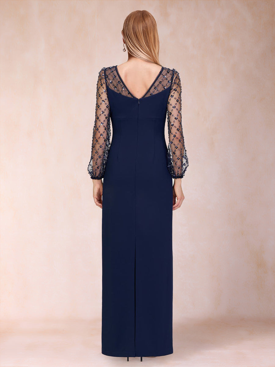 Sheath/Column Crew Neck Long Sleeves Mother of the Bride Dresses With Beadings