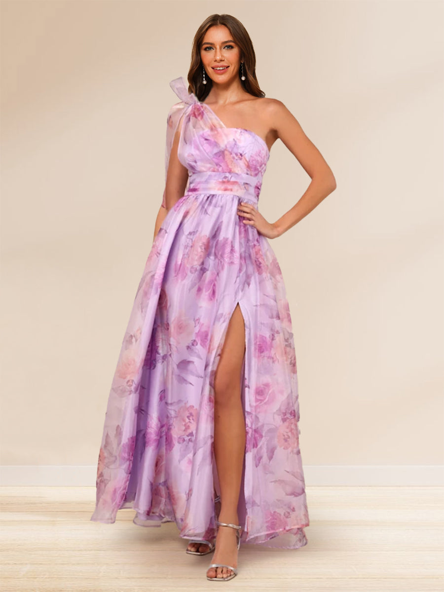 A-Line/Princess One-Shoulder Floor-Length Prom Dresses With Floral