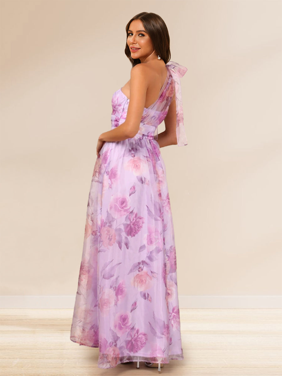 A-Line/Princess One-Shoulder Floor-Length Prom Dresses With Floral