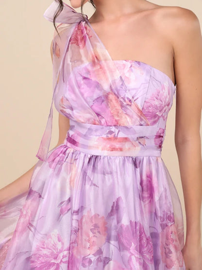A-Line/Princess One-Shoulder Floor-Length Prom Dresses With Floral