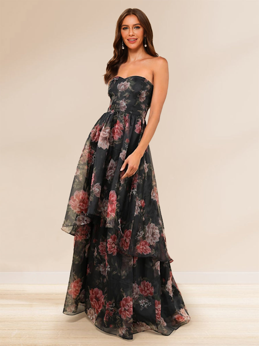 A-Line/Princess Strapless Floor-Length Prom Dresses With Floral