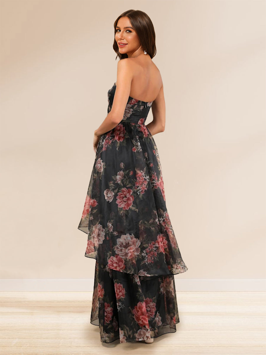 A-Line/Princess Strapless Floor-Length Prom Dresses With Floral