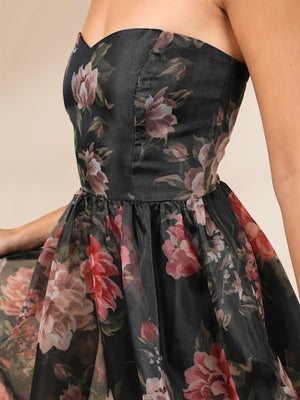 A-Line/Princess Strapless Floor-Length Prom Dresses With Floral