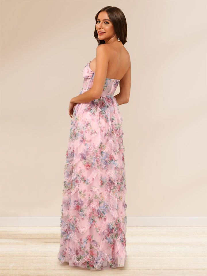 Sheath/Column Strapless Floor-Length Prom Dresses With Floral &amp; Ruffled