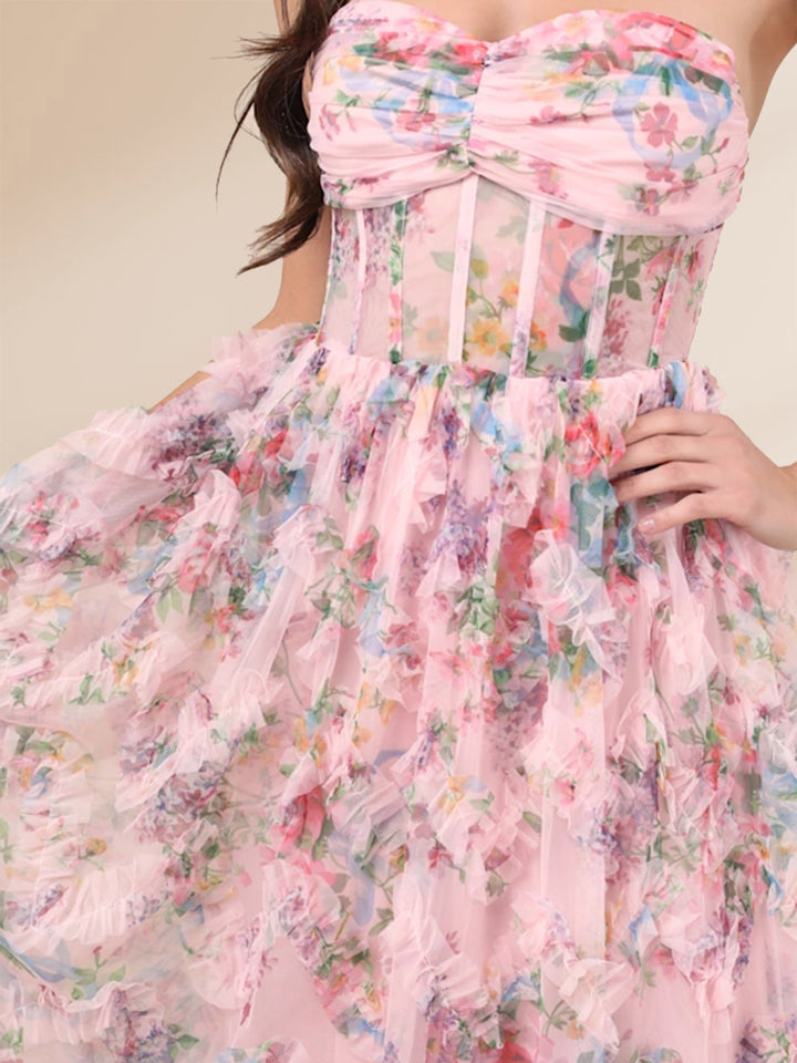 Sheath/Column Strapless Floor-Length Prom Dresses With Floral &amp; Ruffled
