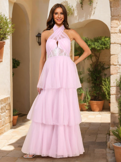 A-Line/Princess Halter Tiered Floor-Length Prom Dresses With Ruffles & Sequins