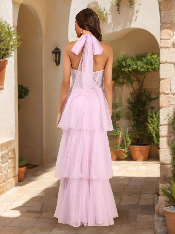 A-Line/Princess Halter Tiered Floor-Length Prom Dresses With Ruffles &amp; Sequins