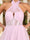 A-Line/Princess Halter Tiered Floor-Length Prom Dresses With Ruffles & Sequins