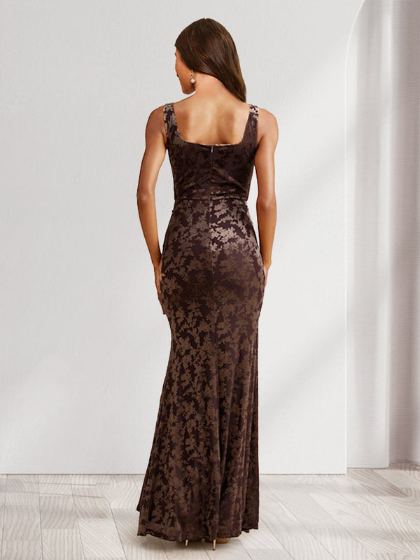 Sheath/Column Square Neck Sleeveless Floor-Length Floral Bridesmaid Dresses with Split Side