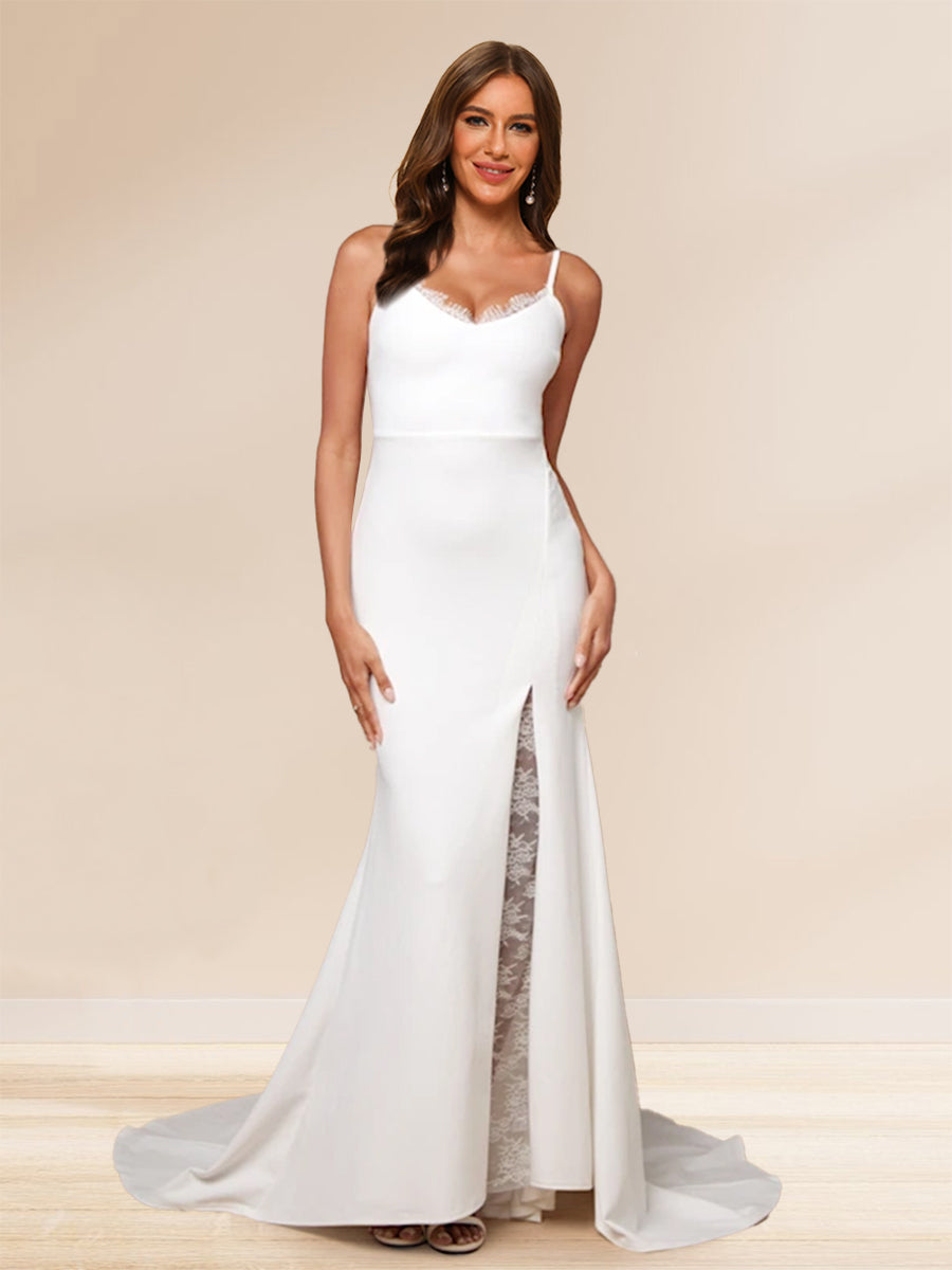 Sheath/Column Spaghetti Straps Sweep Train Prom Dresses With Lace