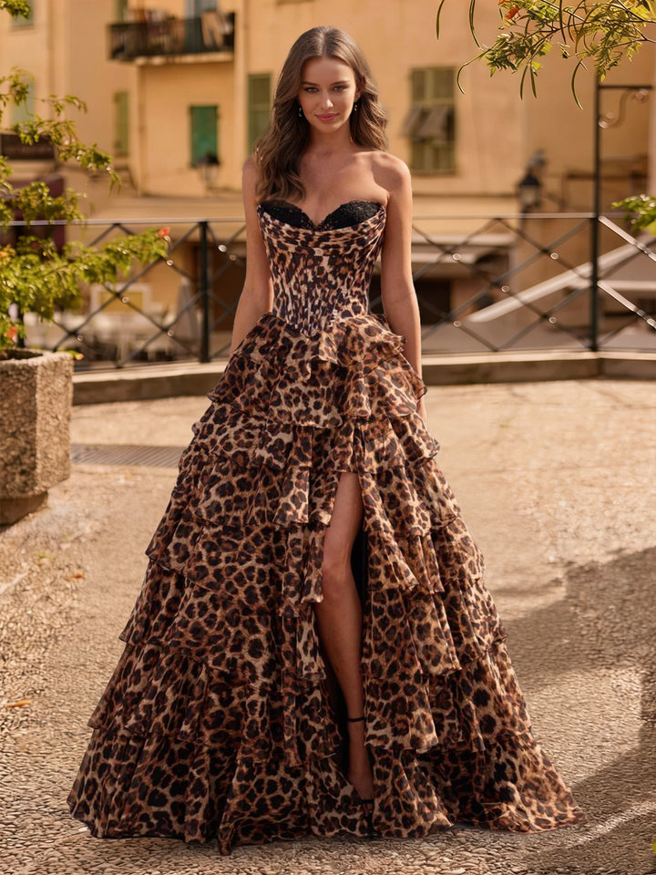 A-Line/Princess Strapless Sweep Train Prom Dresses With Ruffles &amp; Split Side