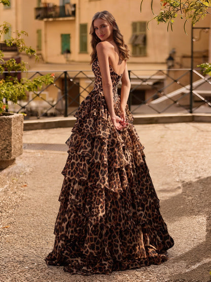 A-Line/Princess Strapless Sweep Train Prom Dresses With Ruffles & Split Side