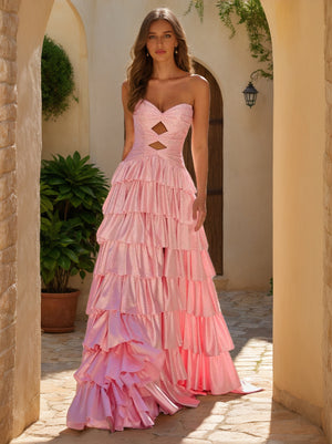 A-Line/Princess Sweetheart Sweep Train Prom Dresses With Ruffles & Split Side