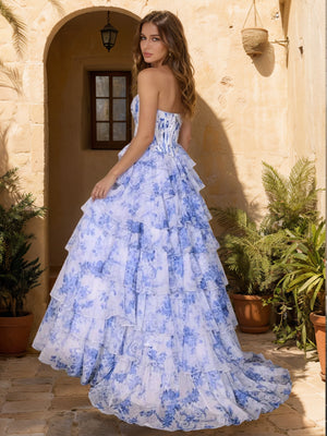 Blue A-Line/Princess Sweetheart Sweep Train Prom Dresses With Ruffles & Split Side