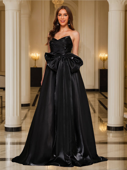 Black A-Line/Princess Strapless Sweep Train Prom Dresses With Ruffles & Bow