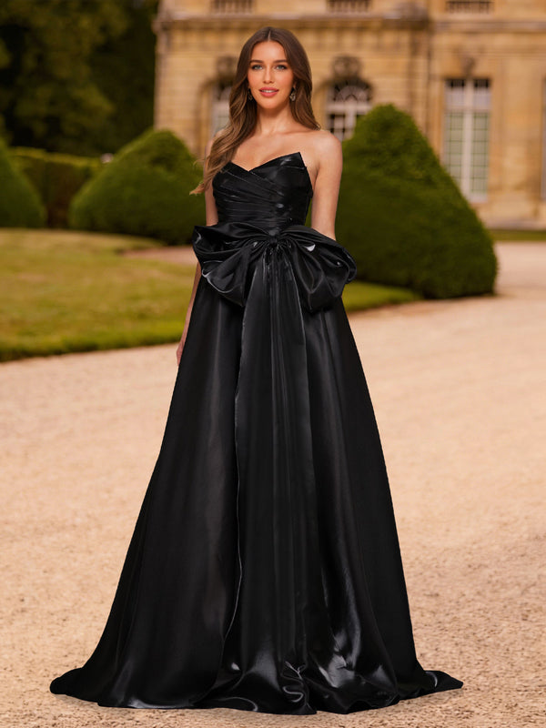Black A-Line/Princess Strapless Sweep Train Prom Dresses With Ruffles & Bow