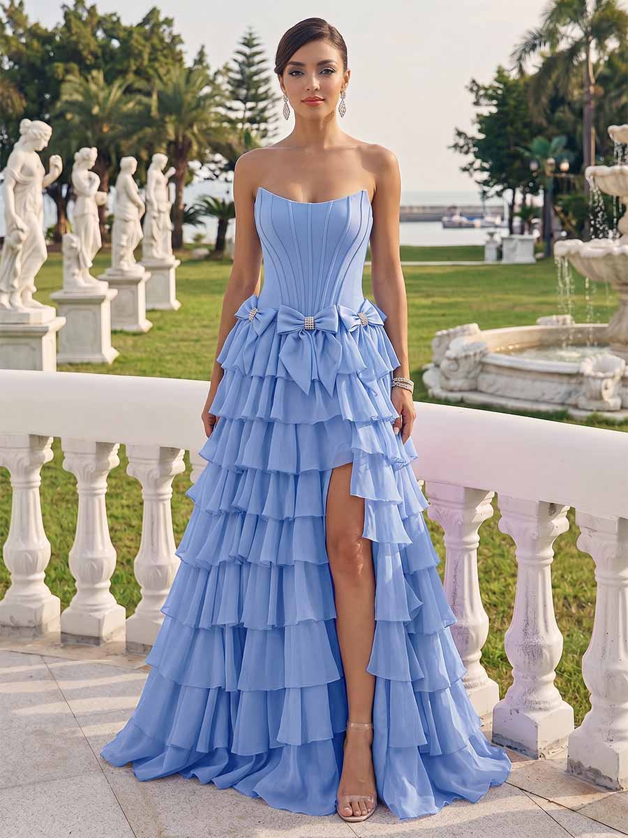 A-Line/Princess Strapless Sweep Train Prom Dresses With Bows & Split Side