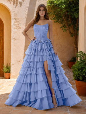 A-Line/Princess Strapless Sweep Train Prom Dresses With Bows & Split Side