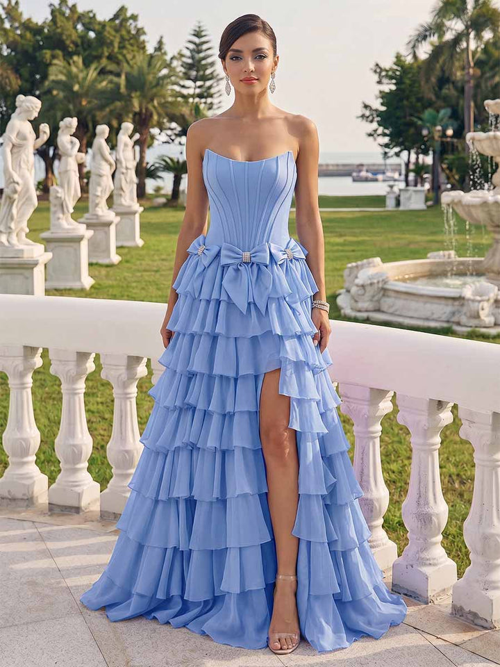 A-Line/Princess Strapless Sweep Train Prom Dresses With Bows &amp; Split Side