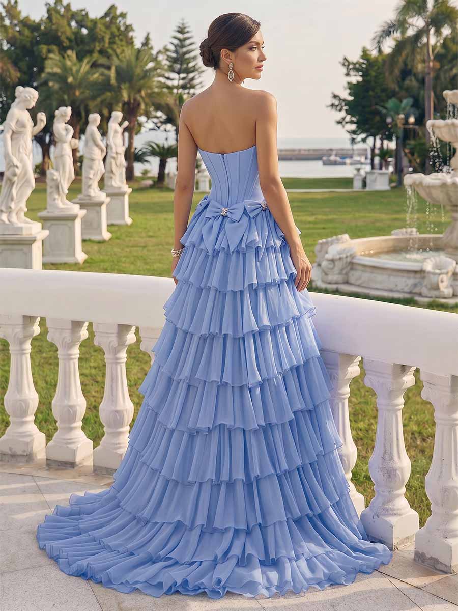 A-Line/Princess Strapless Sweep Train Prom Dresses With Bows &amp; Split Side