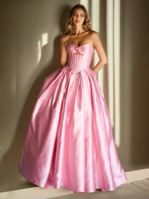 A-Line/Princess Strapless Sweep Train Prom Dresses With Ruffles & 3D Floral