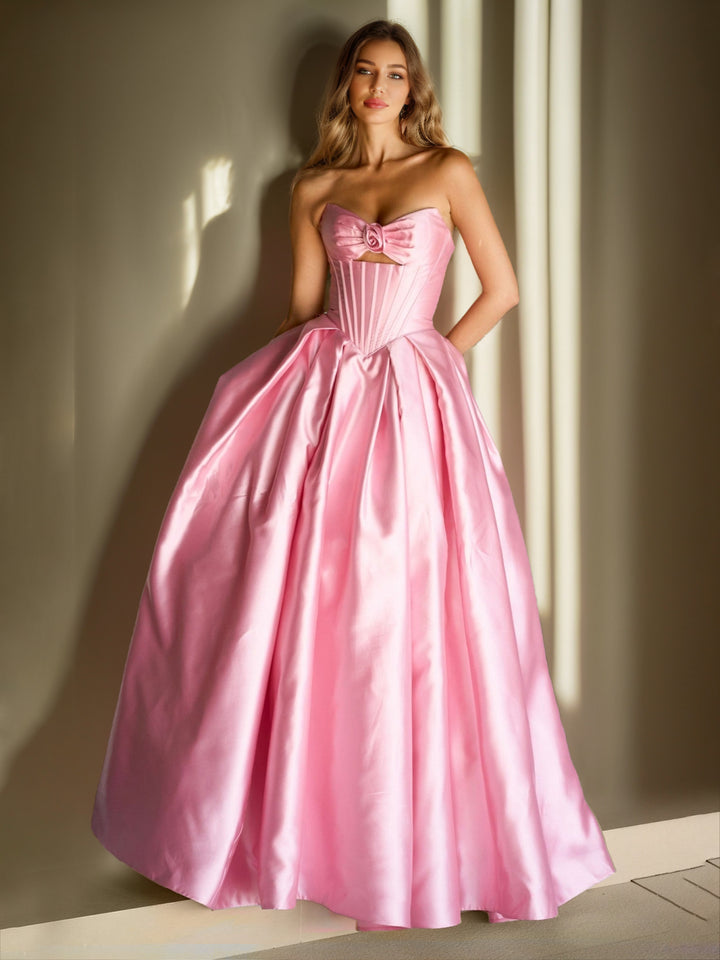 A-Line/Princess Strapless Sweep Train Prom Dresses With Ruffles &amp; 3D Floral