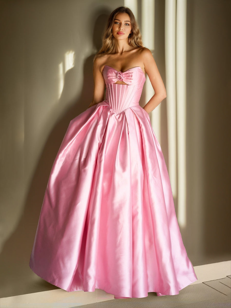 A-Line/Princess Strapless Sweep Train Prom Dresses With Ruffles & 3D Floral