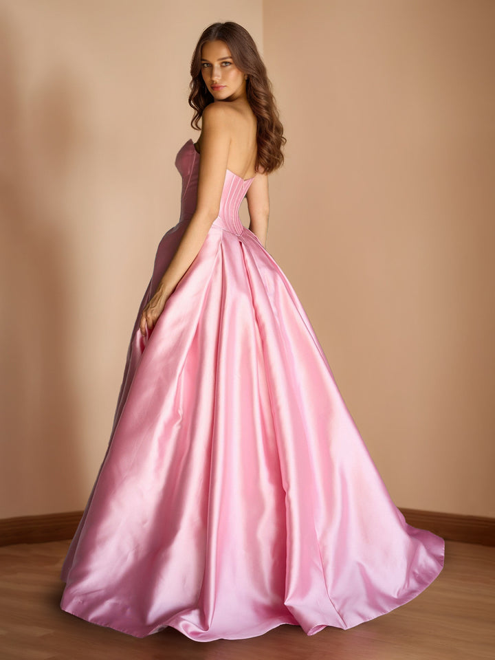 A-Line/Princess Strapless Sweep Train Prom Dresses With Ruffles &amp; 3D Floral