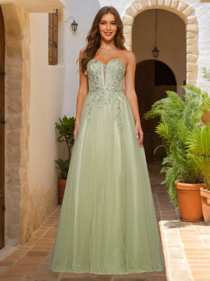 A-Line/Princess Strapless Floor-Length Prom Dresses With Appliques &amp; Sequins