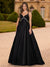 Black A-Line/Princess V-Neck Sweep Train Prom Dresses With Rhinestone & Bow
