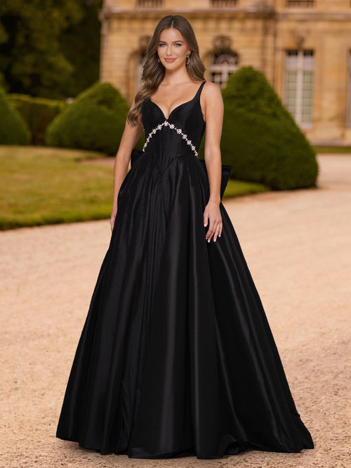 Black A-Line/Princess V-Neck Sweep Train Prom Dresses With Rhinestone & Bow